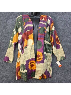 Vintage 90s Abstract Open Front Cardigan Duster M Artsy Boho Maximalist Lagen